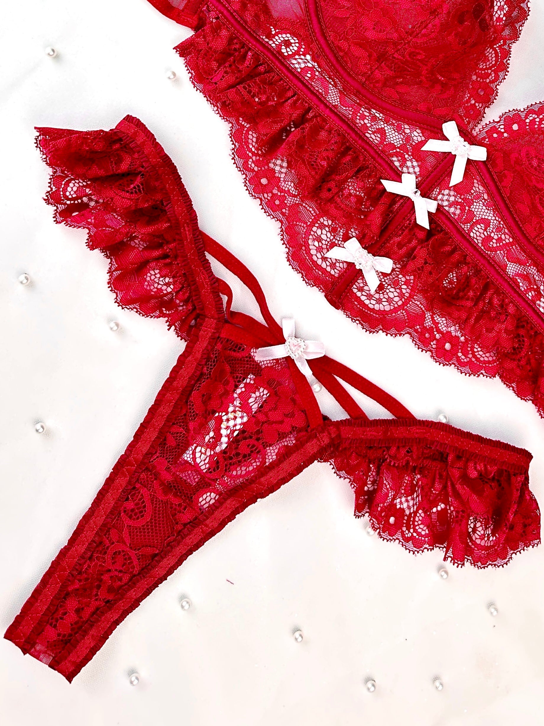 Scarlett Temptation Red Lace Lingerie Set With Sheer Mesh Hello.LA.Girl