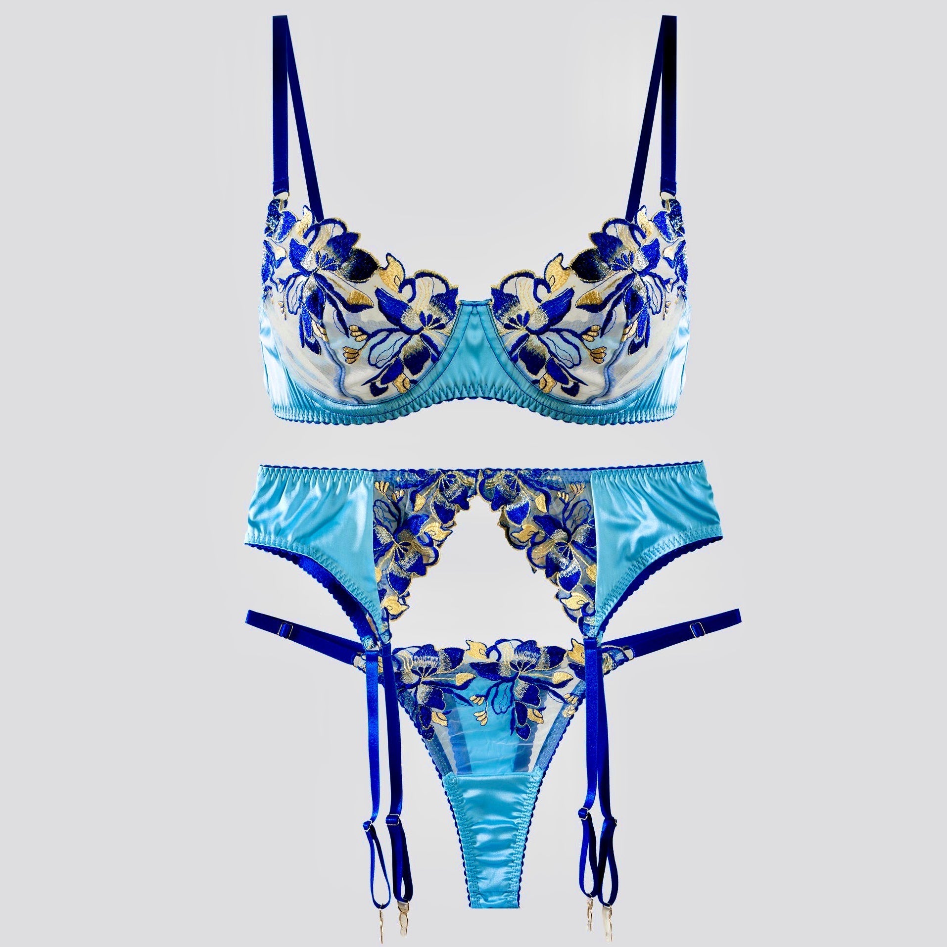 Fresh Blue Satin Embroidered Lingerie With Floral Motifs Hello.LA.Girl