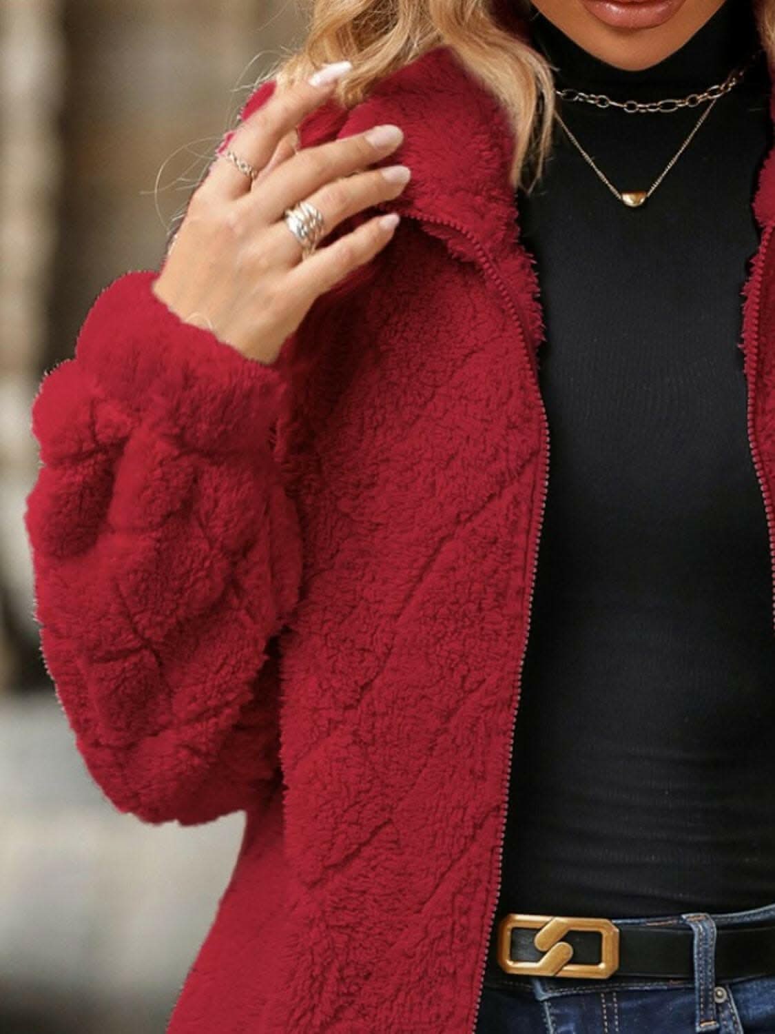 Fuzzy zip-up jacket with pockets - Love Salve 