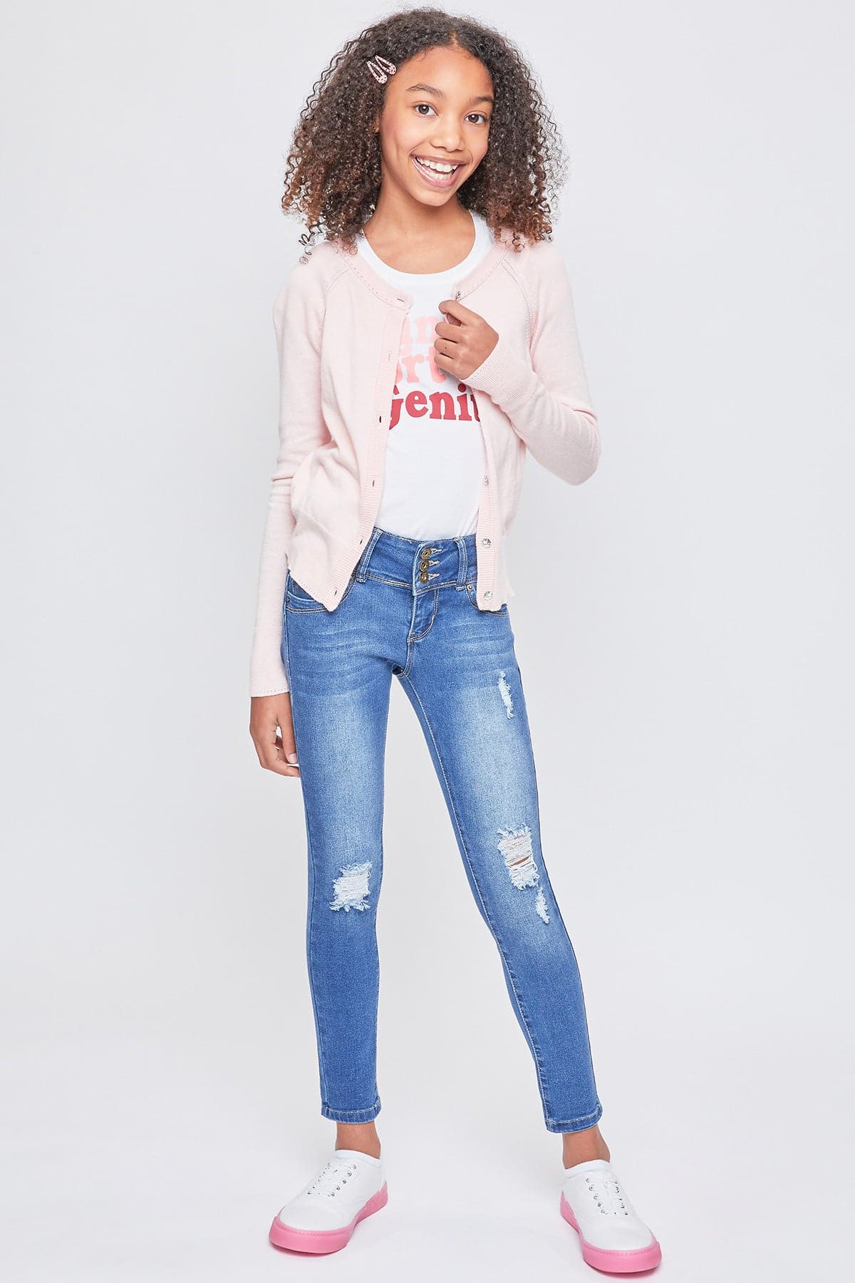 YMI JEANS Girls Sustainable WannaBettaFit 3-Button Skinny Jeans - Lifestyle Image