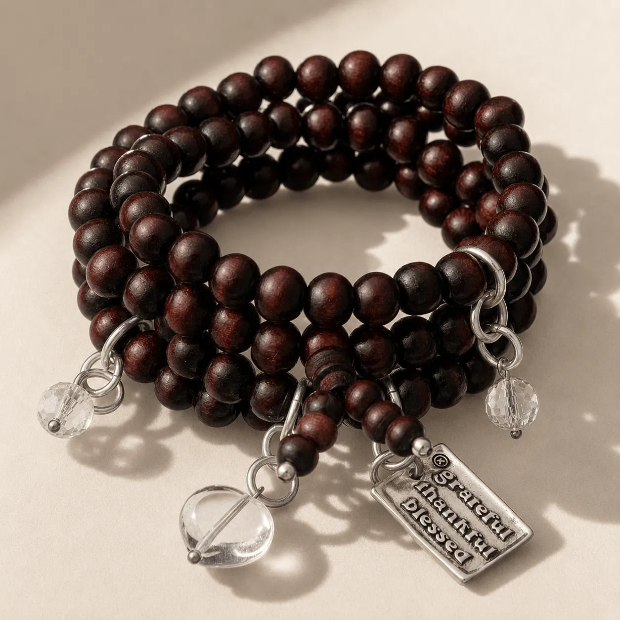Katia Designs Grateful Thankful Blessed Heart Wood Boho Wrap Bracelet/Necklace, showcasing its full design and natural wood b