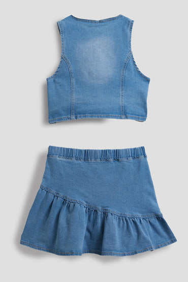 Girls Denim Vest & Ruffle Skirt Set