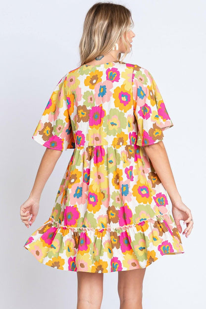 GeeGee Full Size Floral V-Neck Ruffle Trim Mini Dress - Love Salve 