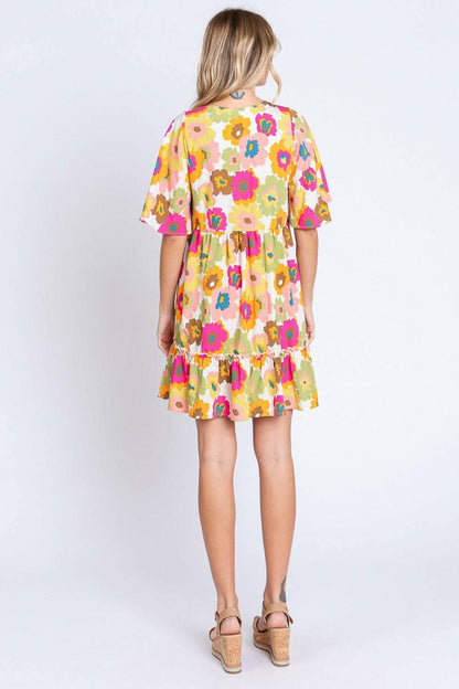 GeeGee Full Size Floral V-Neck Ruffle Trim Mini Dress - Love Salve 