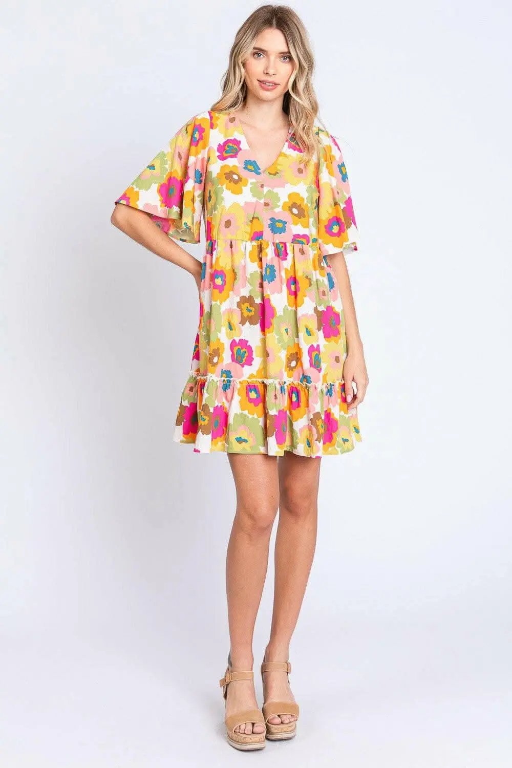 GeeGee Full Size Floral V-Neck Ruffle Trim Mini Dress - Love Salve 