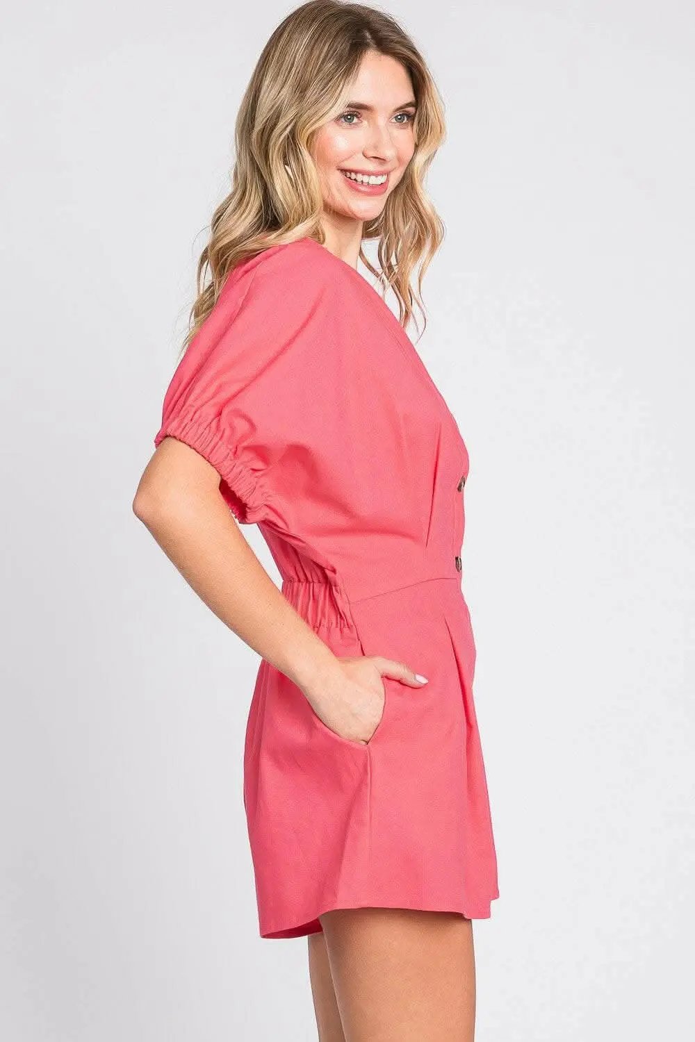 GeeGee Half Button V-Neck Linen Romper - Love Salve 
