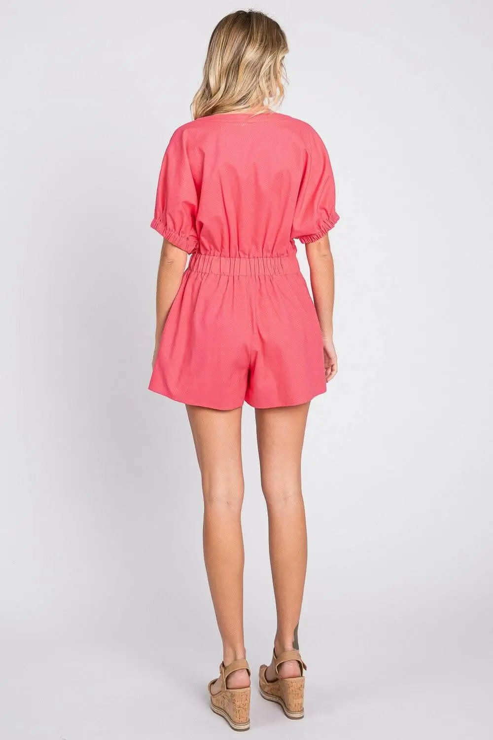 GeeGee Half Button V-Neck Linen Romper - Love Salve 
