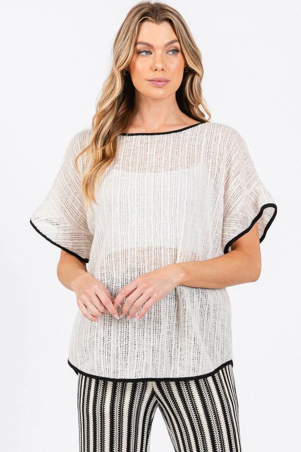 GeeGee Short Sleeve Knit Cover Up with Contrast Detail 