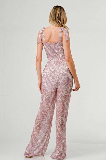 GeeGee Tie Shoulder Wide Leg Jumpsuit with Printed Details 