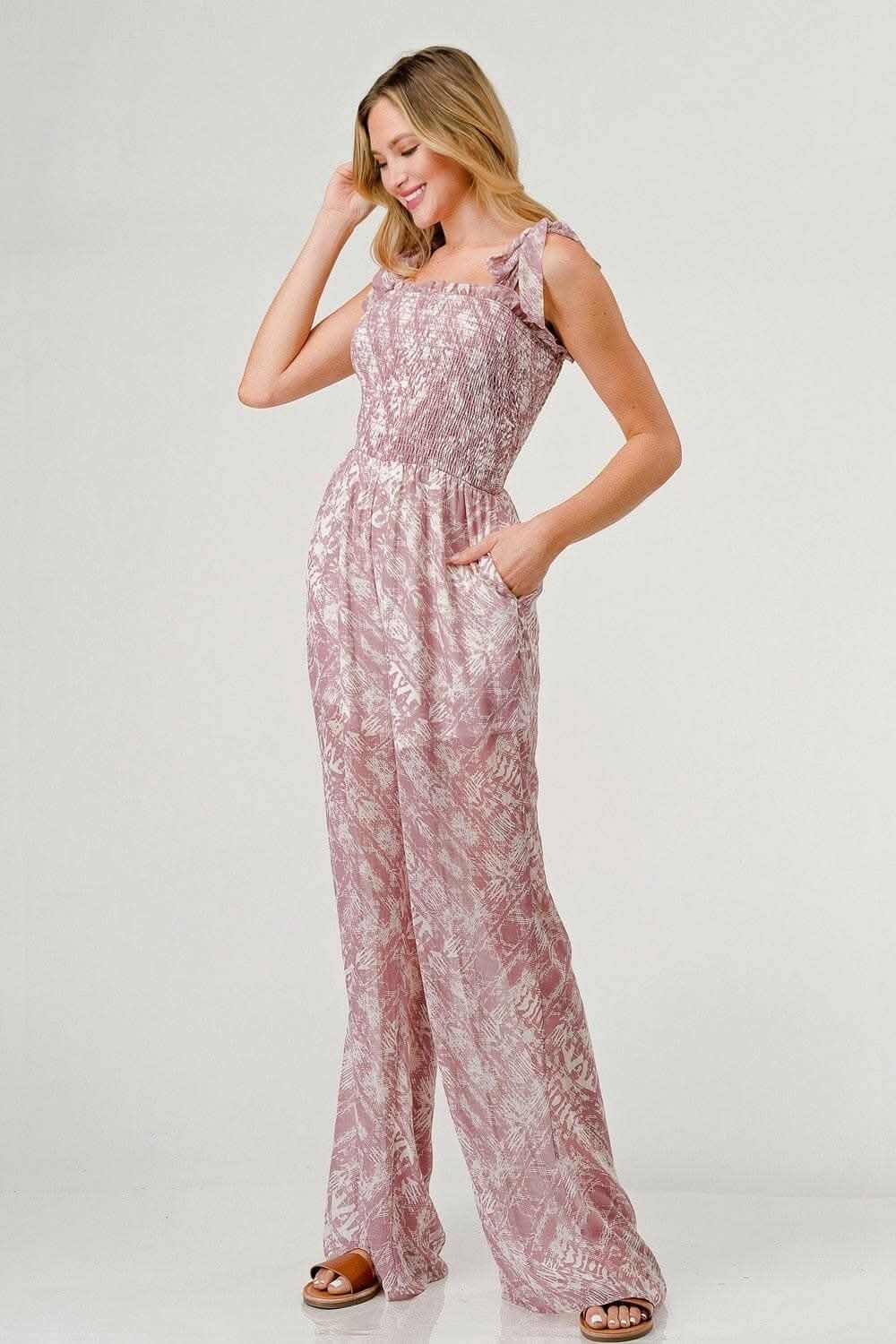 GeeGee Tie Shoulder Wide Leg Jumpsuit with Printed Details 