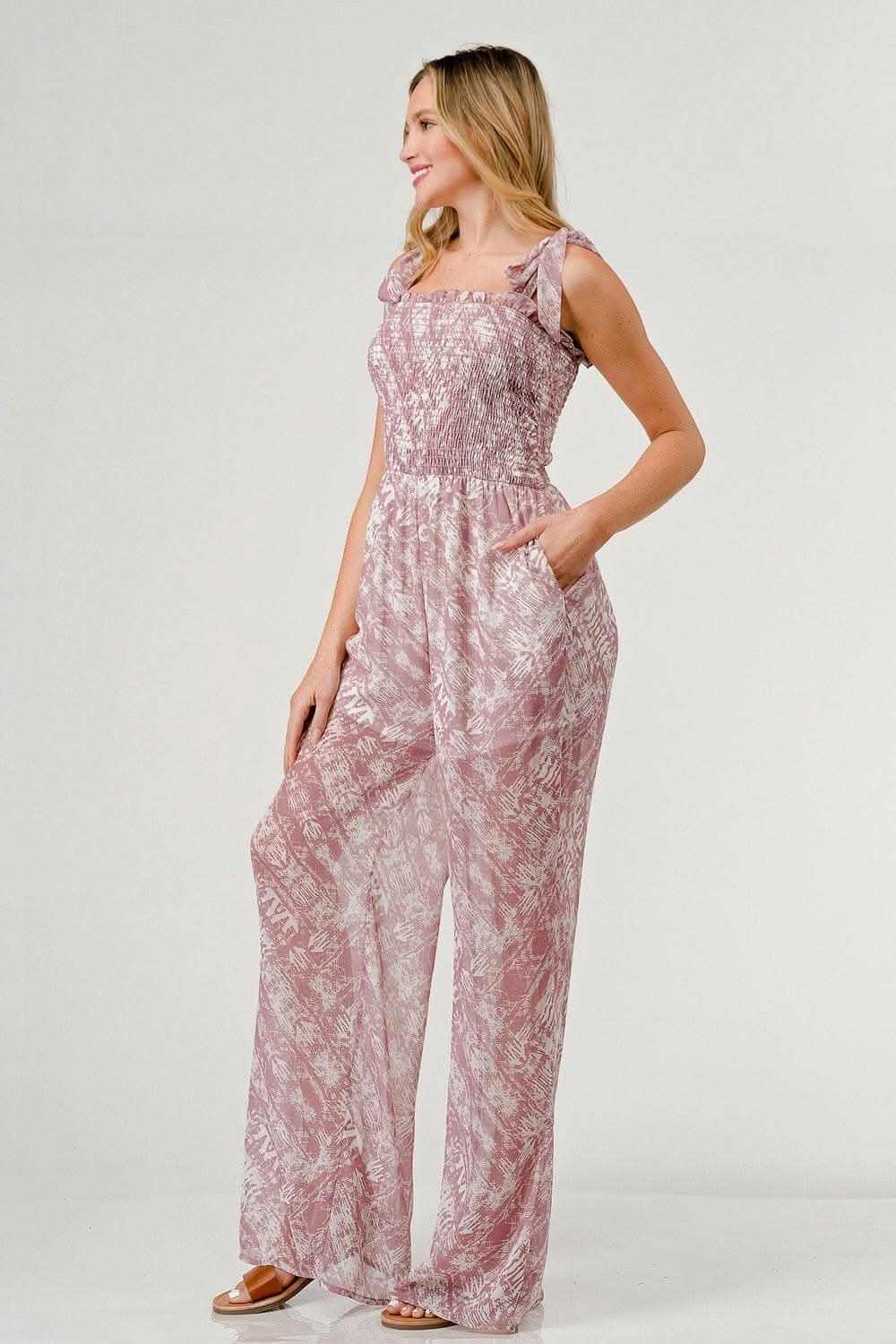 GeeGee Tie Shoulder Wide Leg Jumpsuit with Printed Details 