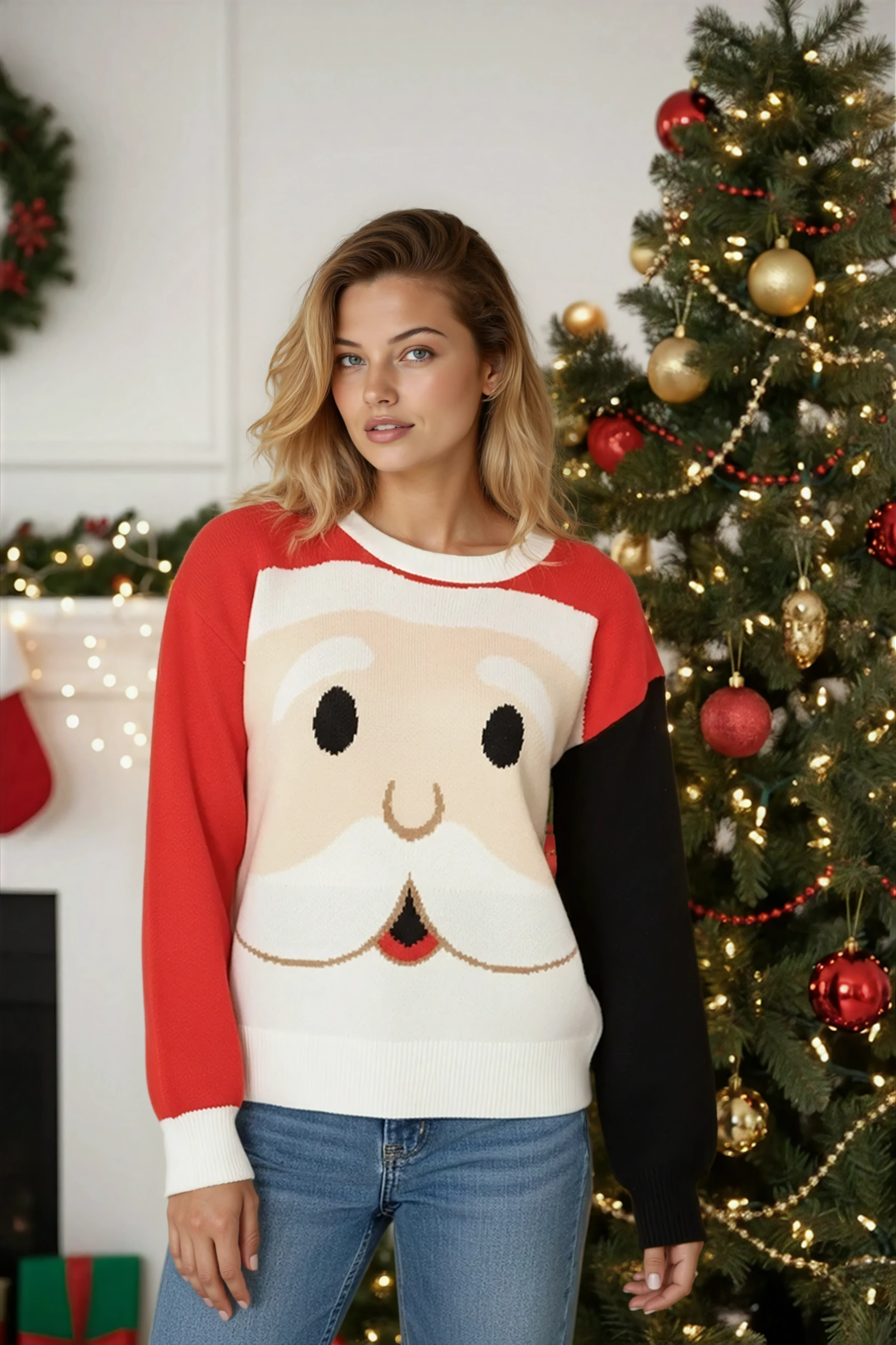 Santa face knit holiday sweater Miss Sparkling