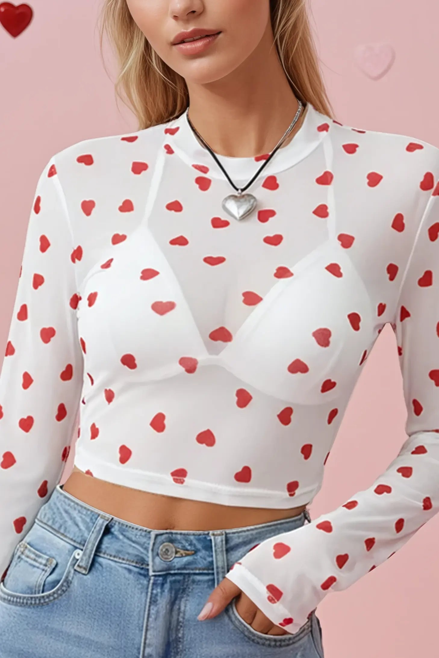 Heart Mesh Long Sleeve Top With Mini Hearts Sheer Crop Layering Miss Sparkling