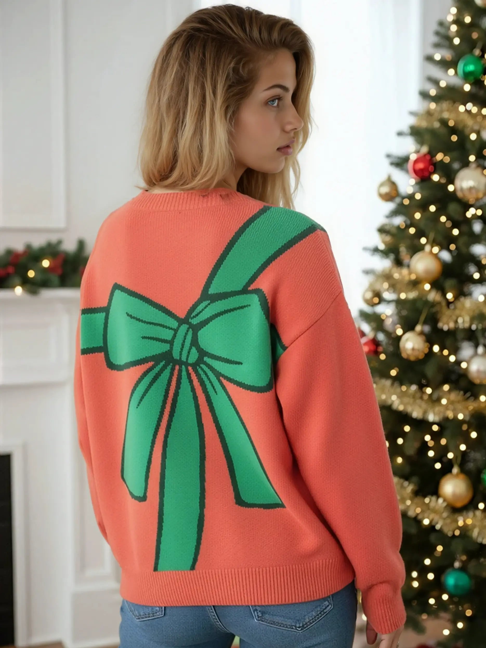 Bow Wrap Christmas Sweater Gift Wrap Intarsia Crewneck Miss Sparkling