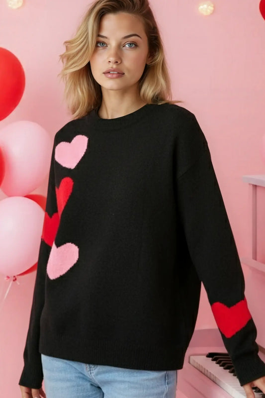 Heart Pattern Knit Sweater Crew Neck Soft Knit Relaxed Fit Comfort Miss Sparkling