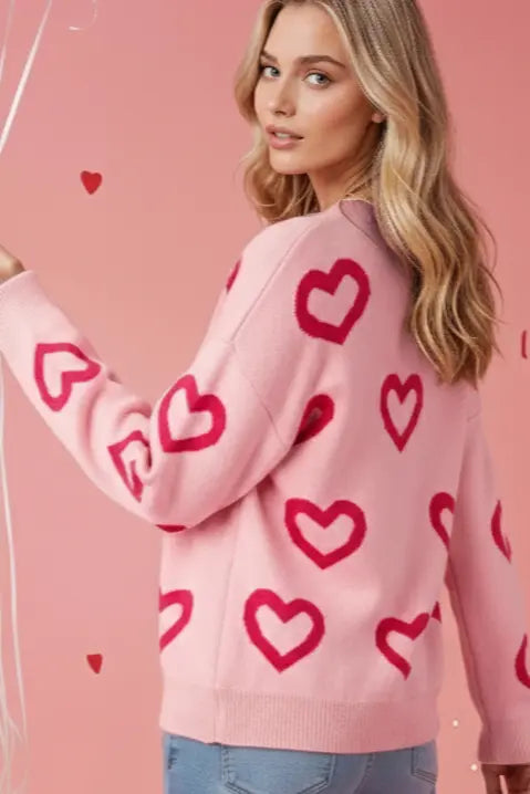 Heart Print Pullover Sweater With Soft Knit Fabric Relaxed Fit Miss Sparkling