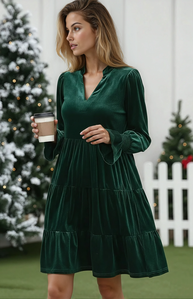 Elegant Velvet Long Sleeve  Solid Color Dress Miss Sparkling
