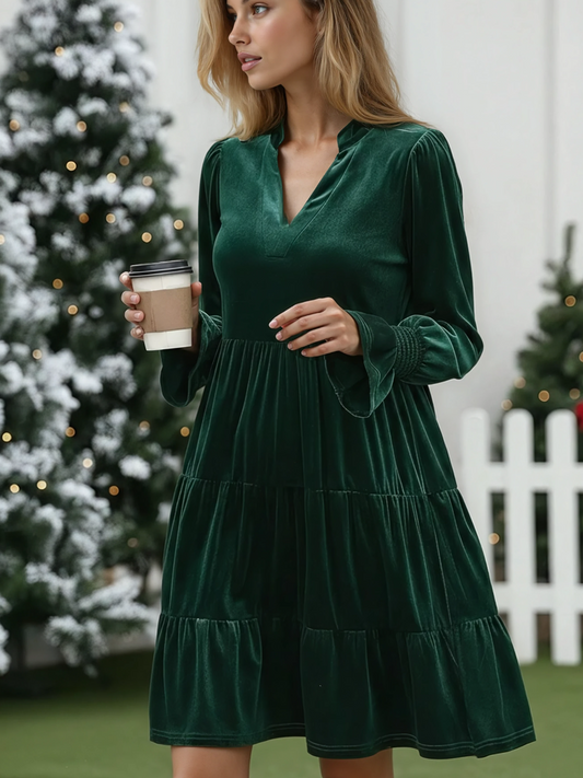 Elegant Velvet Long Sleeve  Solid Color Dress Miss Sparkling