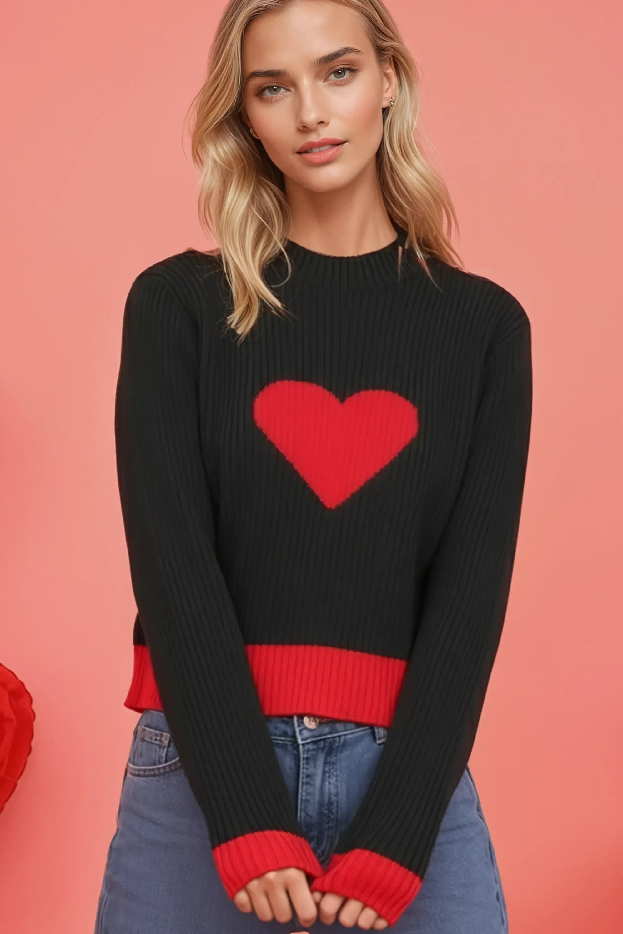 Ribbed Heart Sweater With Soft Knit Fabric Crew Neck And Elastic Cuffs Miss Sparkling