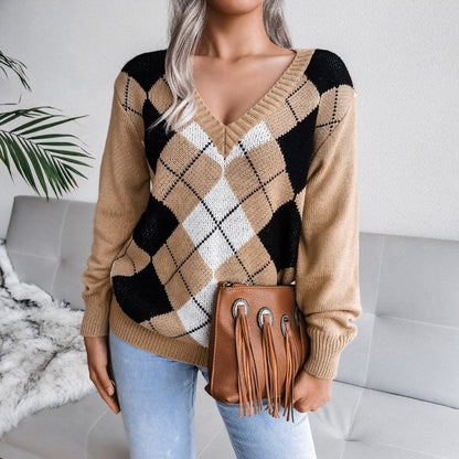 Geometric v-neck sweater for women 