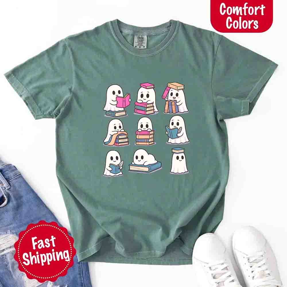 Ghost Reading Comfort Colors Shirt – Spooky Book Lover Halloween Tee Adorb Custom Tees