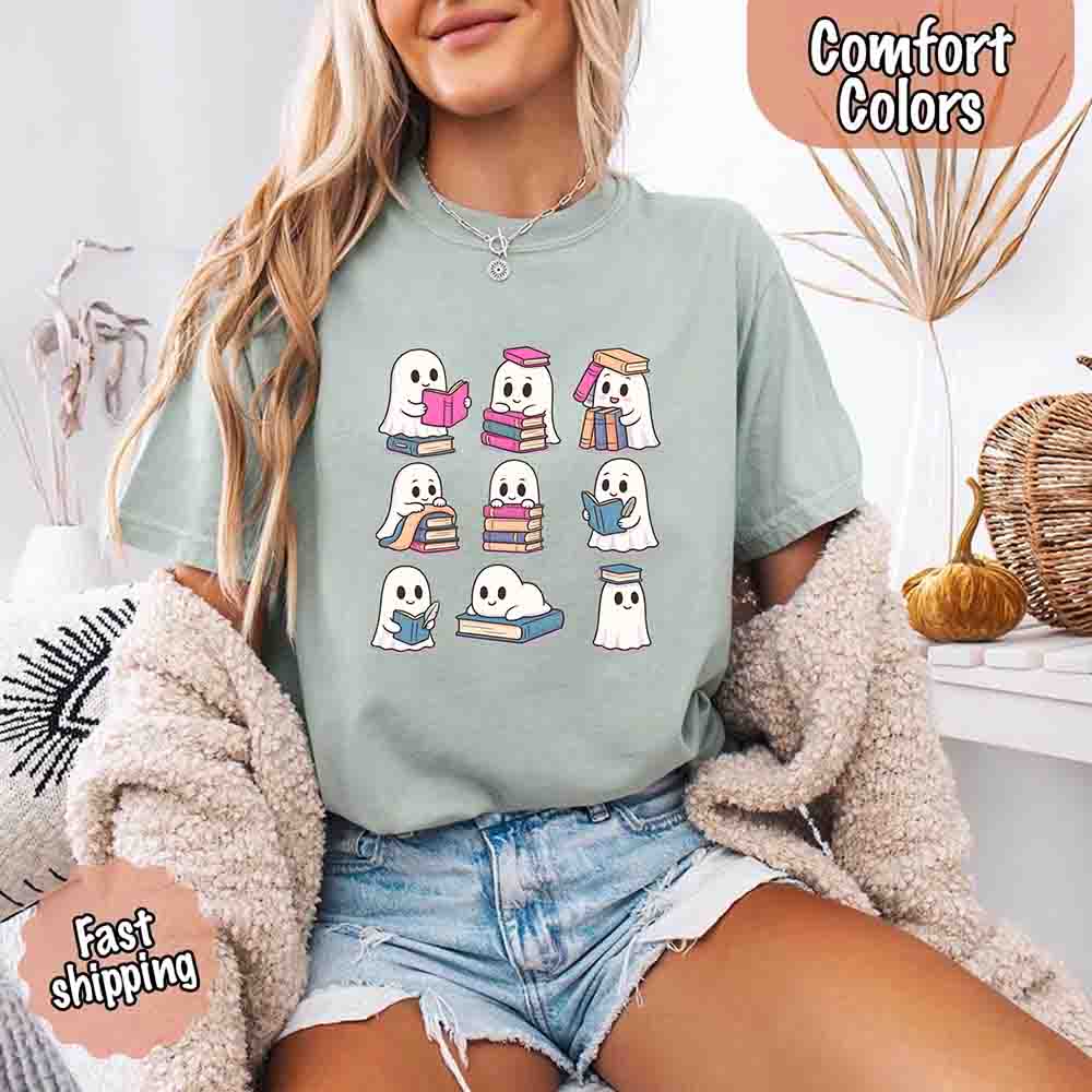 Ghost Reading Comfort Colors Shirt – Spooky Book Lover Halloween Tee Adorb Custom Tees