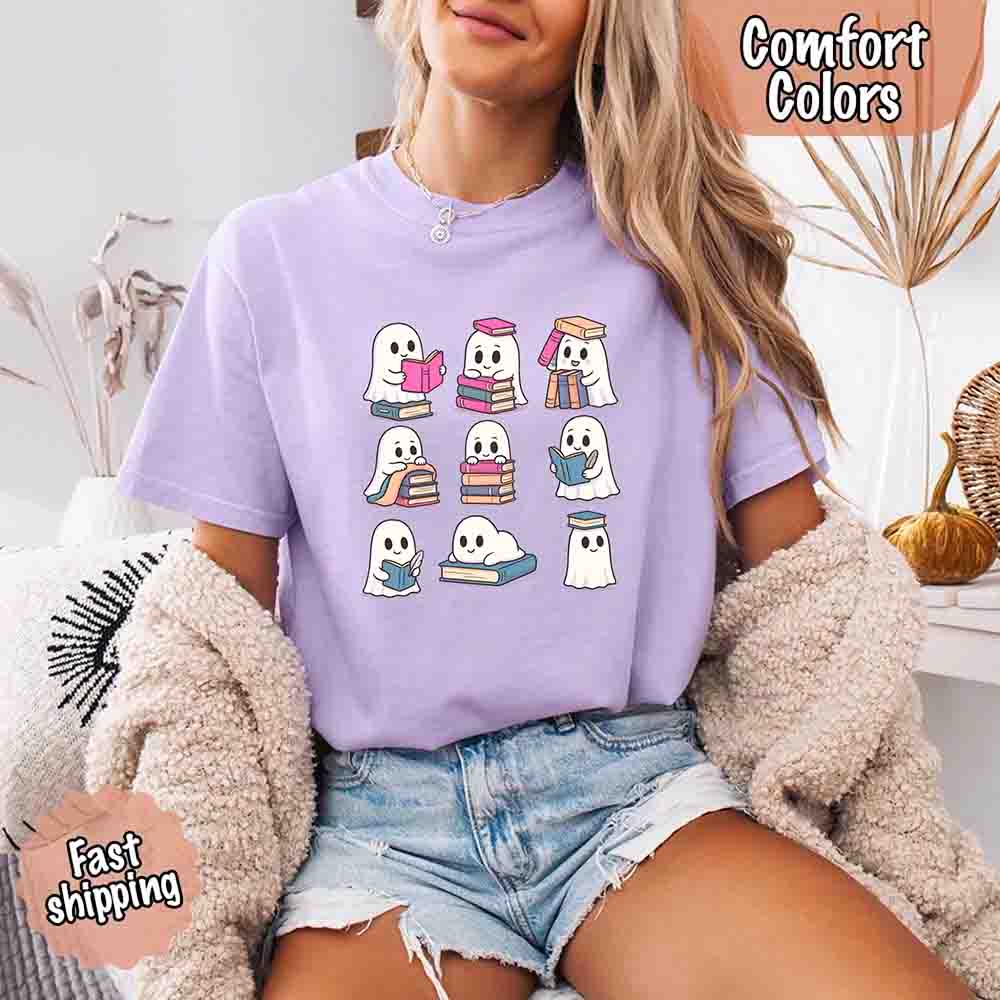 Ghost Reading Comfort Colors Shirt – Spooky Book Lover Halloween Tee Adorb Custom Tees