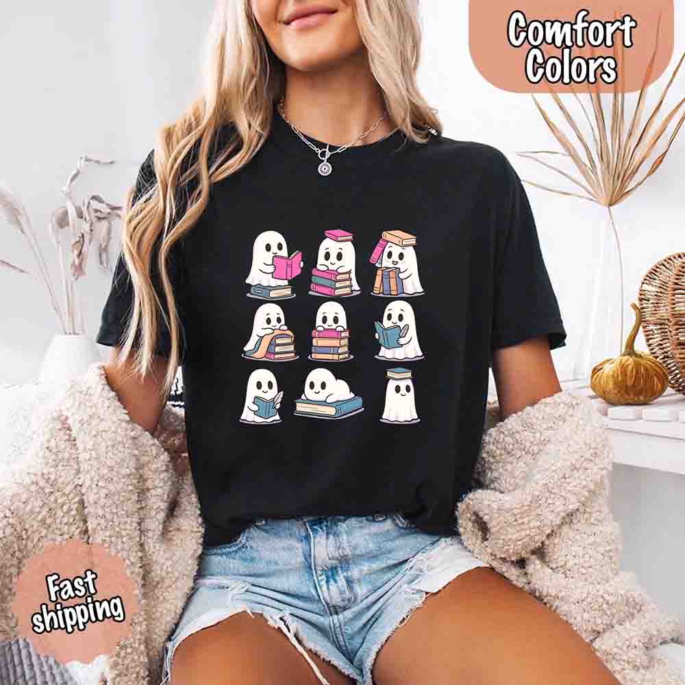 Ghost Reading Comfort Colors Shirt – Spooky Book Lover Halloween Tee Adorb Custom Tees