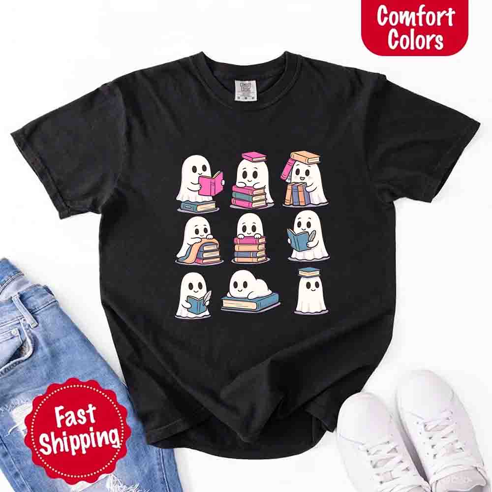 Ghost Reading Comfort Colors Shirt – Spooky Book Lover Halloween Tee Adorb Custom Tees
