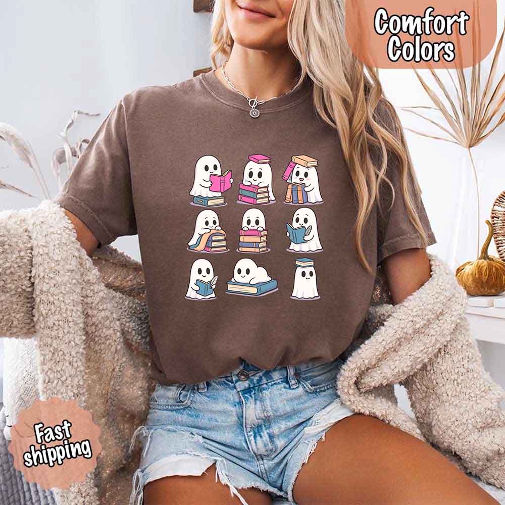 Ghost Reading Comfort Colors Shirt – Spooky Book Lover Halloween Tee Adorb Custom Tees