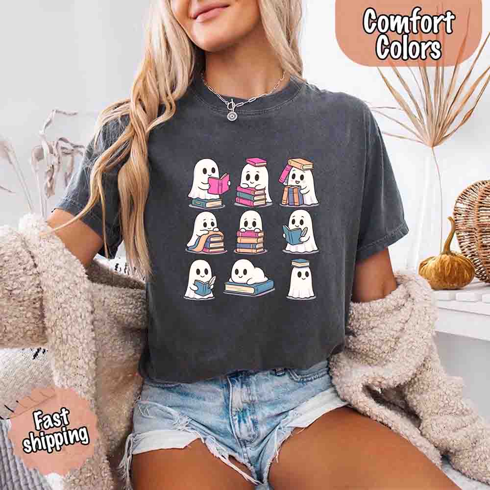 Ghost Reading Comfort Colors Shirt – Spooky Book Lover Halloween Tee Adorb Custom Tees