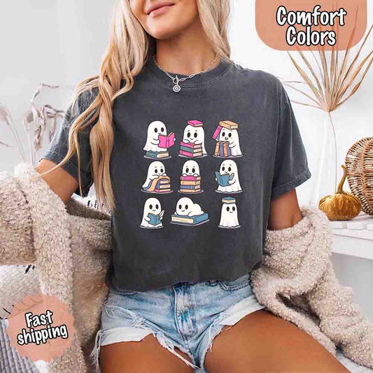 Ghost Reading Comfort Colors Shirt – Spooky Book Lover Halloween Tee Adorb Custom Tees