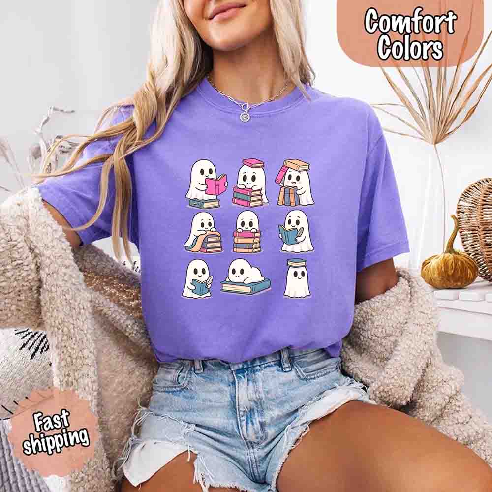 Ghost Reading Comfort Colors Shirt – Spooky Book Lover Halloween Tee Adorb Custom Tees