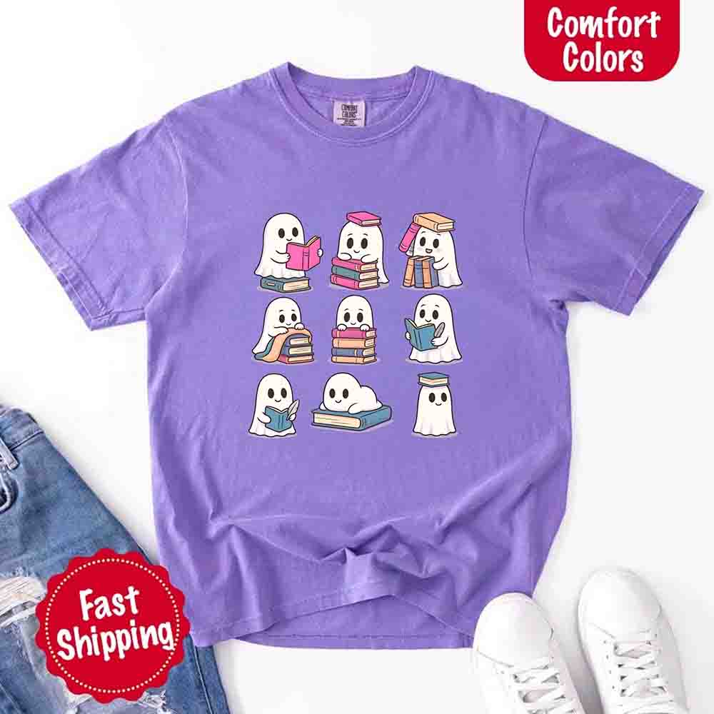Ghost Reading Comfort Colors Shirt – Spooky Book Lover Halloween Tee Adorb Custom Tees