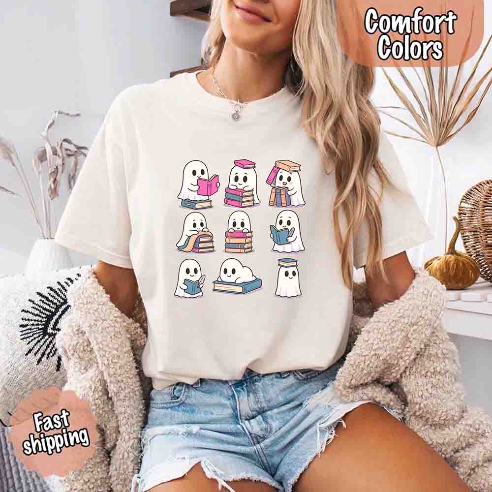 Ghost Reading Comfort Colors Shirt – Spooky Book Lover Halloween Tee Adorb Custom Tees