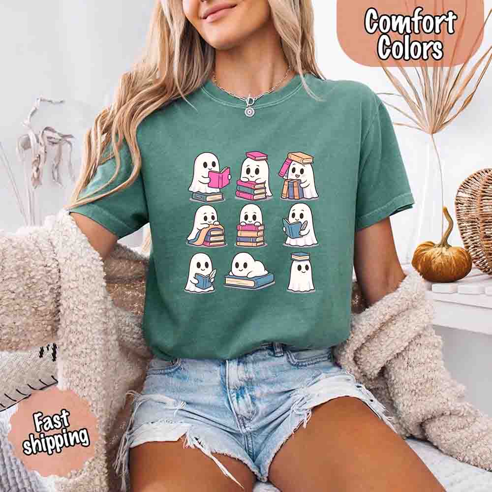 Ghost Reading Comfort Colors Shirt – Spooky Book Lover Halloween Tee Adorb Custom Tees