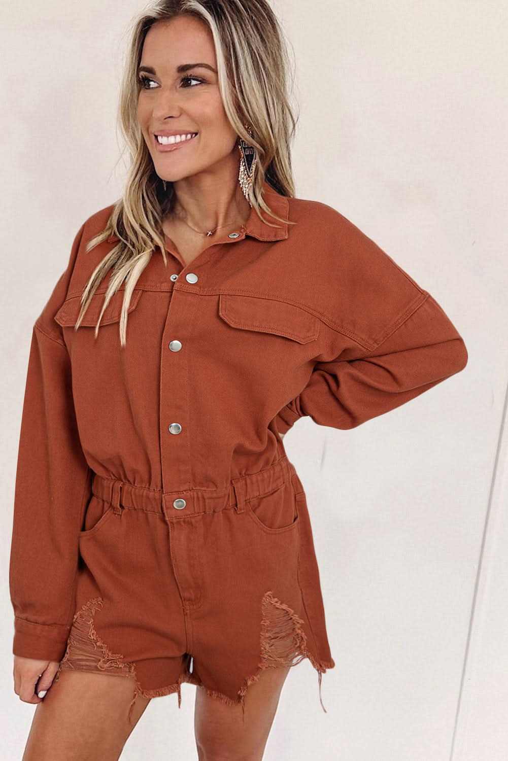 Gold Flame Long Sleeve Snap Buttons Distressed Denim Romper 