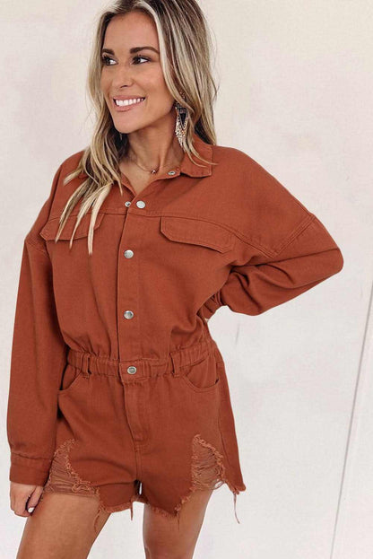 Gold Flame Long Sleeve Snap Buttons Distressed Denim Romper 
