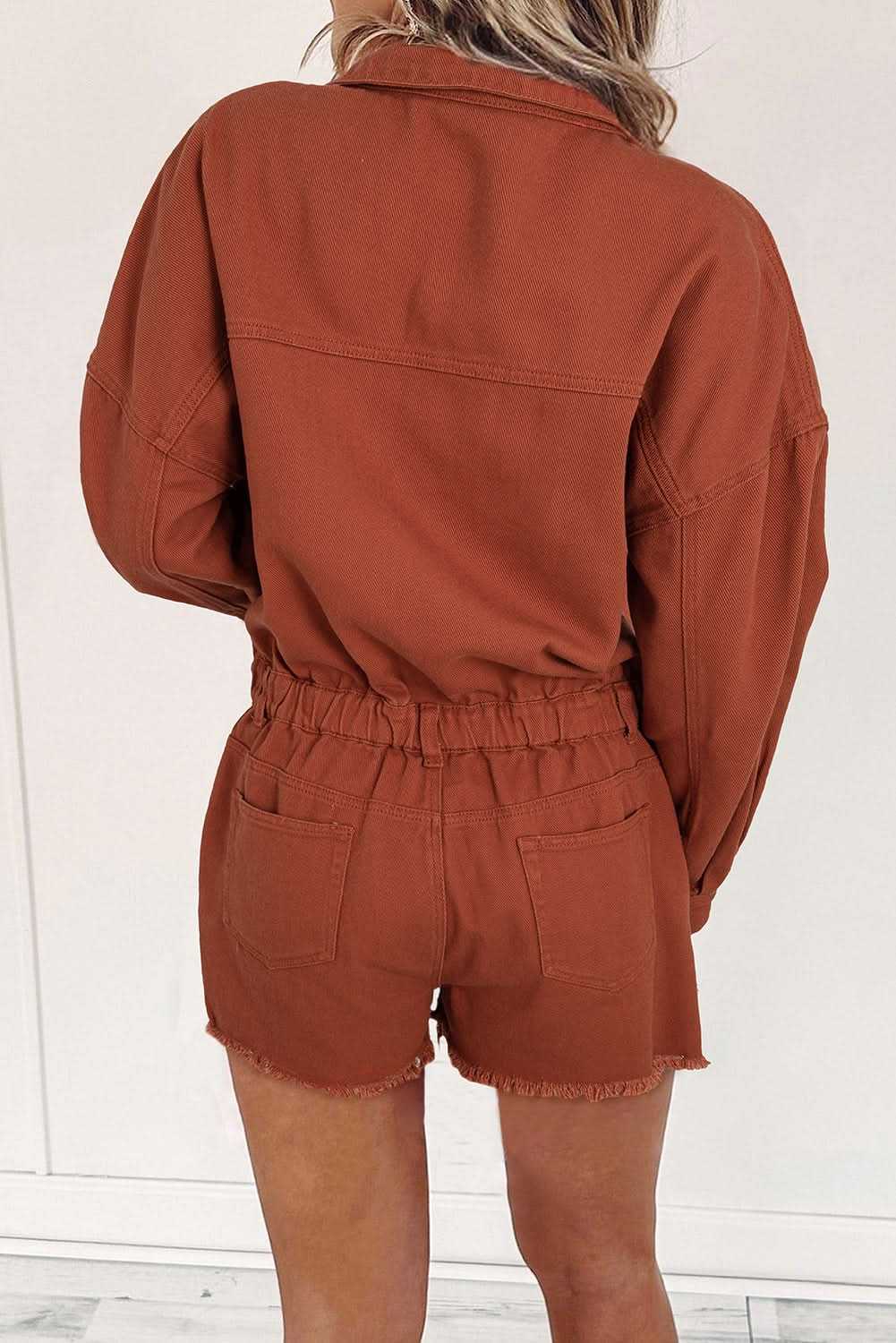 Gold Flame Long Sleeve Snap Buttons Distressed Denim Romper 