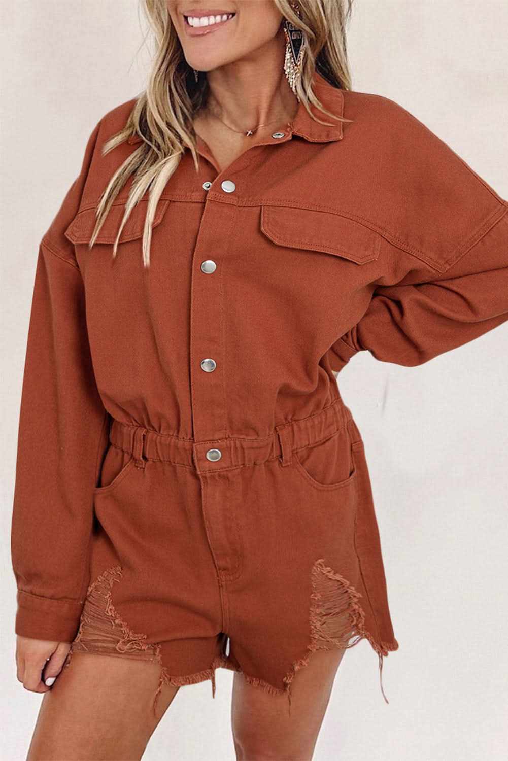 Gold Flame Long Sleeve Snap Buttons Distressed Denim Romper 