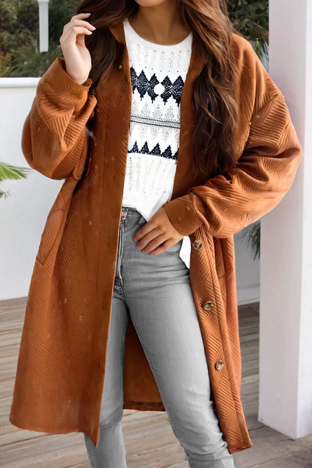 Gold Flame Textured Collared Drop Shoulder Buttoned Front Duster Coat - Love Salve 