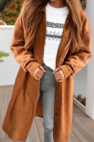 Gold Flame Textured Collared Drop Shoulder Buttoned Front Duster Coat - Love Salve 