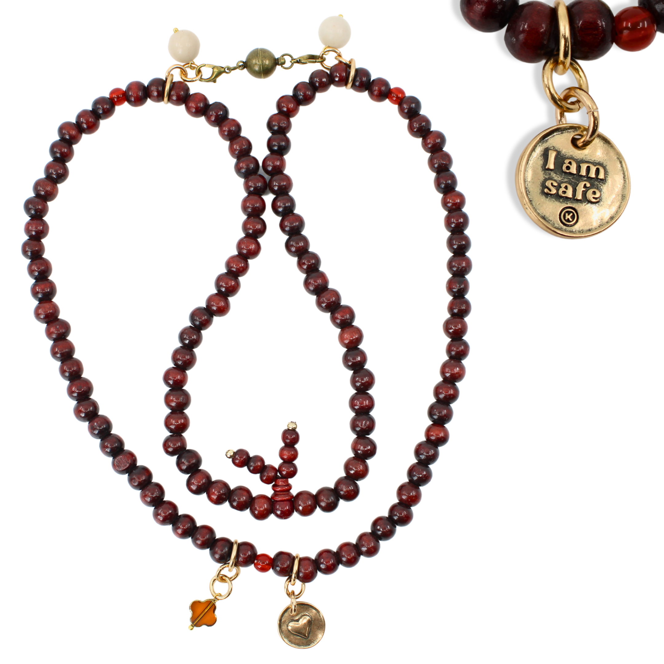 I Am Safe Heart Wood Boho Wrap Bracelet/Necklace Katia Designs