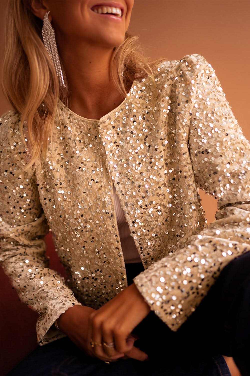 Golden Fleece Sequined Open Front Cropped Jacket - Love Salve 