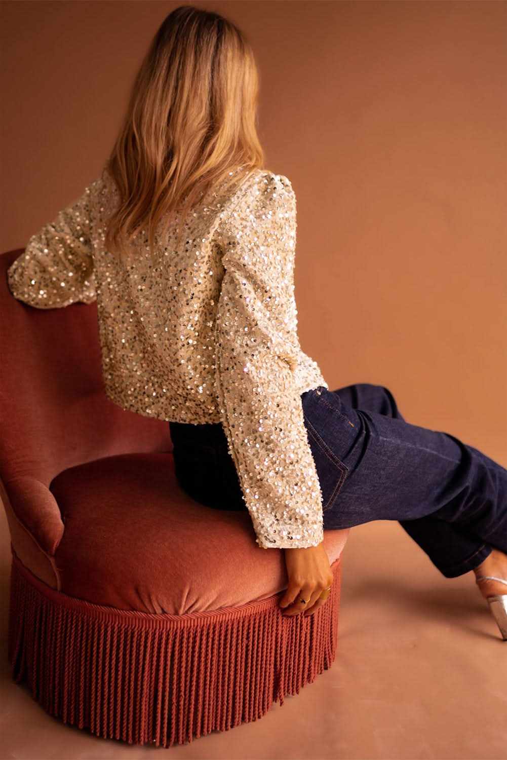 Golden Fleece Sequined Open Front Cropped Jacket 