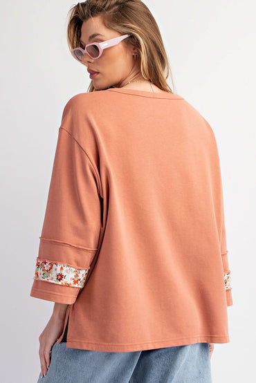 Grapefruit Orange Flower Patch Graphic Exposed Seam Wide Sleeve Top - Love Salve 