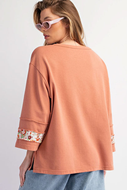 Grapefruit Orange Flower Patch Graphic Exposed Seam Wide Sleeve Top - Love Salve 
