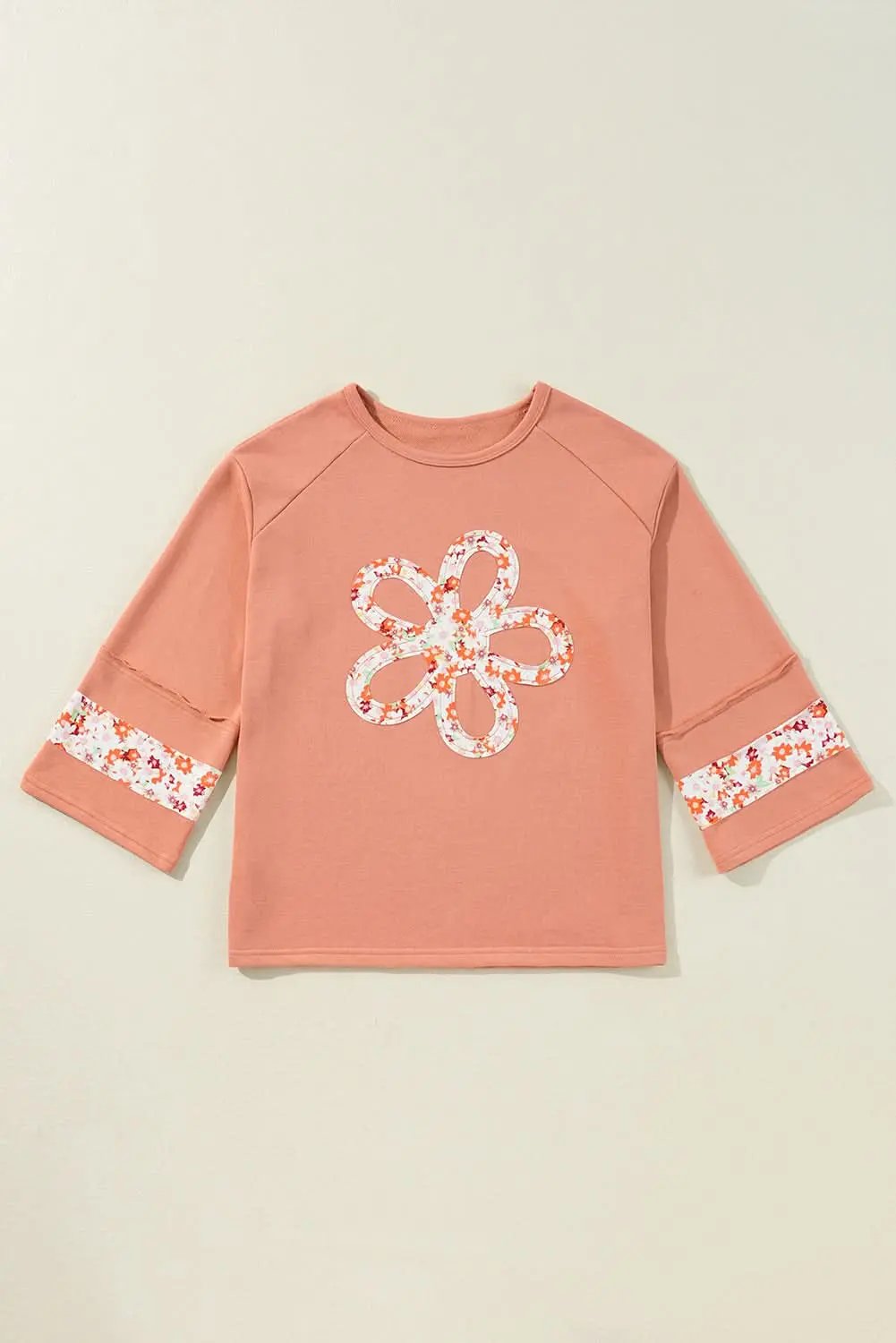 Grapefruit Orange Flower Patch Graphic Exposed Seam Wide Sleeve Top - Love Salve 