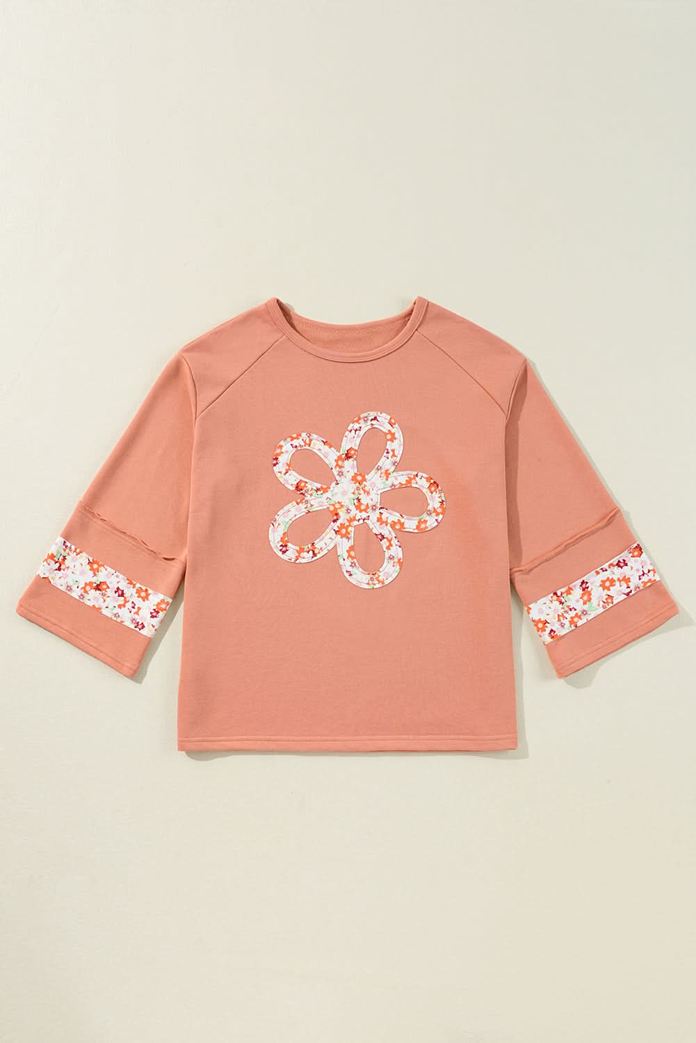 Grapefruit Orange Flower Patch Graphic Exposed Seam Wide Sleeve Top - Love Salve 