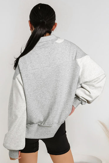 Gray Half Zipper Collared Drop Shoulder Side Slits Sweatshirt - Love Salve 
